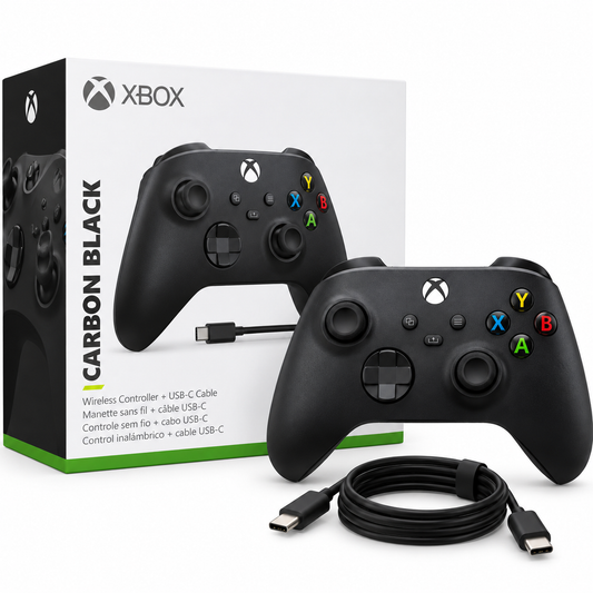 Manette Xbox Carbon Black avec boîte et câble USB-C, image carrée sur fond blanc